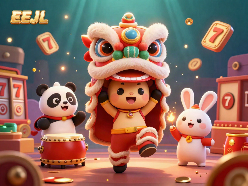 Engage with thrilling EEJL experiences in this lively casino scene featuring a vibrant lion dance.