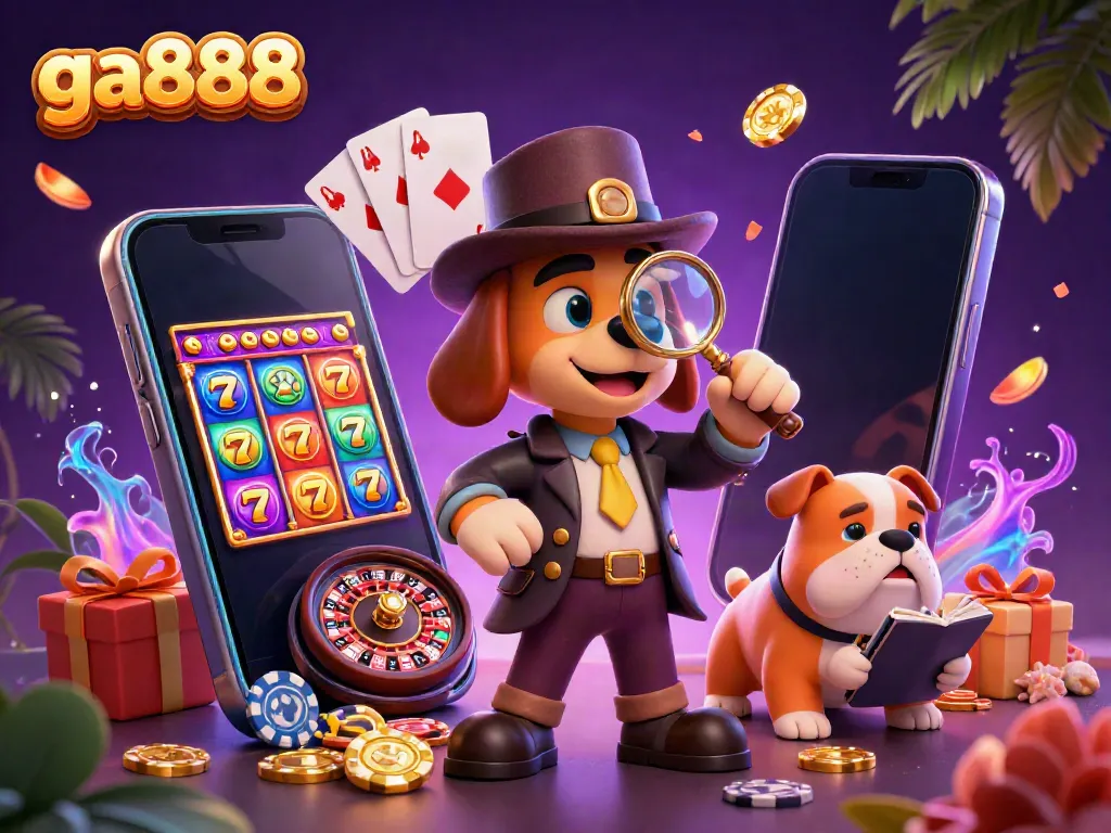 ga888 detective bloodhound examines a golden poker chip while bulldog companion writes notes, full of casino elements