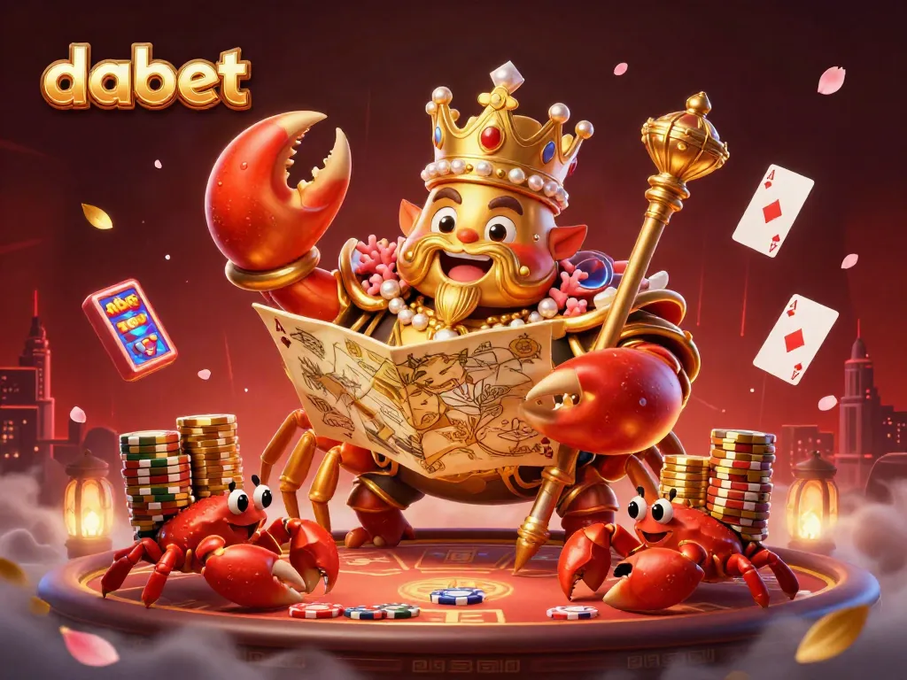 Experience dabet's exciting casino scene with a golden crab emperor and poker elements.