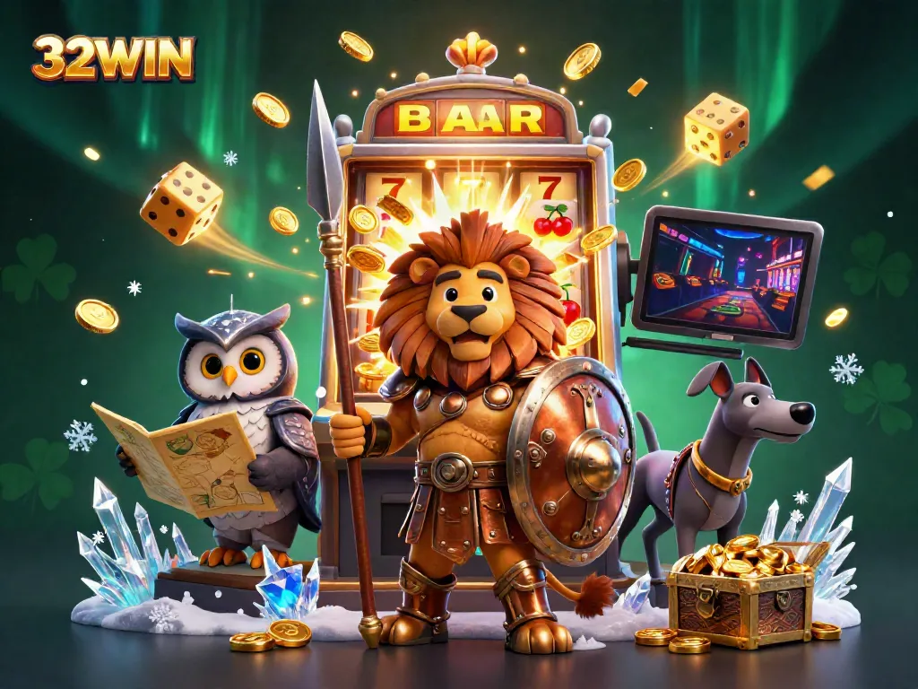 Engaging casino scene showcasing 32WIN's vibrant gaming atmosphere with a jackpot explosion, lucky symbols, and dynamic characters.