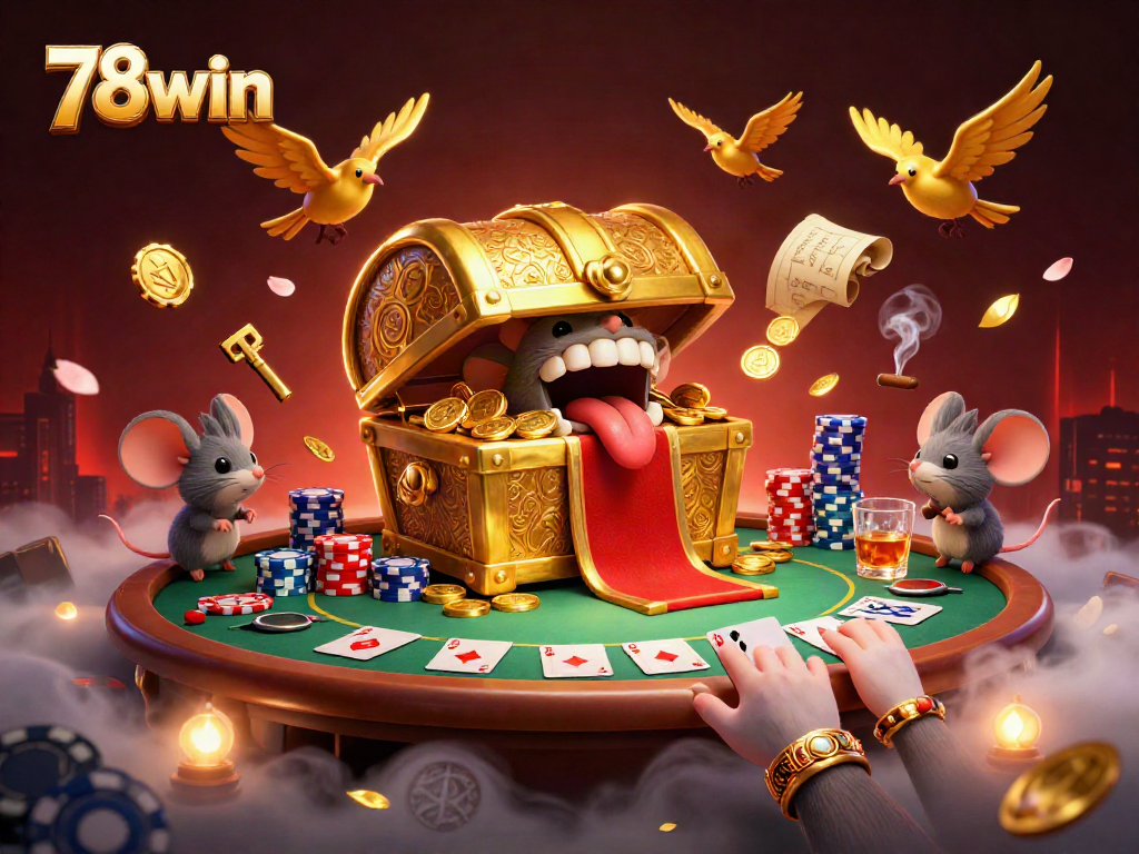 Engage with 78win's rich casino landscape at a vibrant poker table filled with treasures.