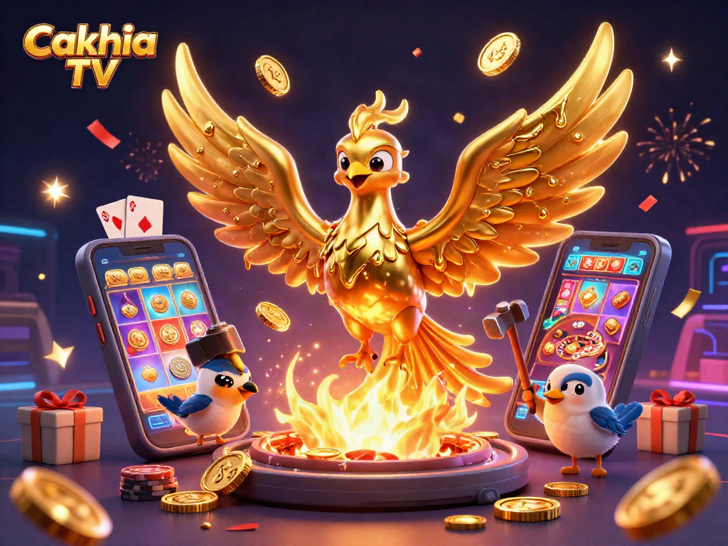 Cakhia TV showcases a golden phoenix bursting with coins and dynamic gaming elements, captivating gamblers.
