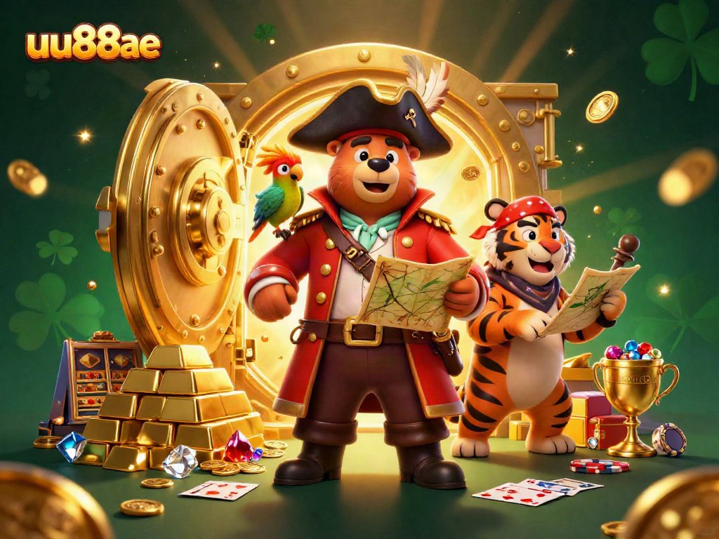 Experience the engaging action of uu88ae with a vibrant 3D scene showcasing a pirate bear, tiger first mate, and treasure.