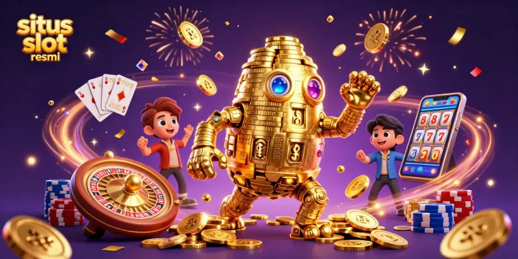 Spin and win at situs slot resmi with a vibrant 3D gold golem surrounded by cascading coins and poker chips.
