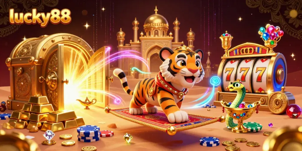 Spin to win with lucky88 slot game, featuring a vibrant Arabian Nights theme and jewel-filled treasures.