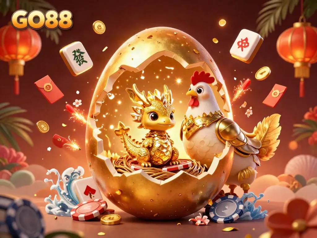 Engage with GO88's thrilling gameplay featuring golden elements, poker chips, and a baby dragon!
