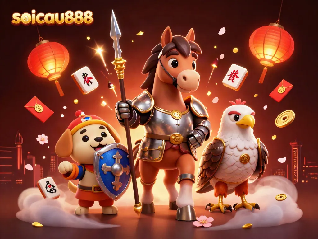 Experience soicau888 with a medieval knight and playful squire amidst vibrant casino-themed elements.