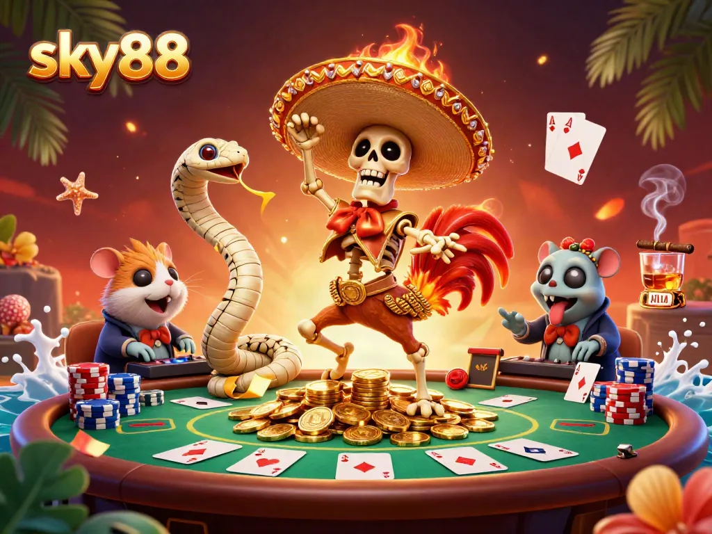 Explore exciting wins at sky88 with a 3D scene of playful characters celebrating on a poker table.