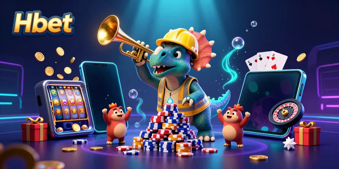 Experience the thrill of Hbet gaming with a lively scene of a triceratops building poker chips and celebrating!