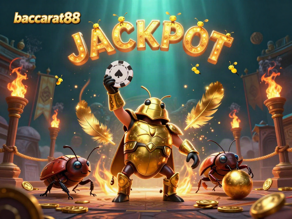 Baccarat88's illustrated hercules beetle in gladiator armor celebrates a jackpot with a poker chip.