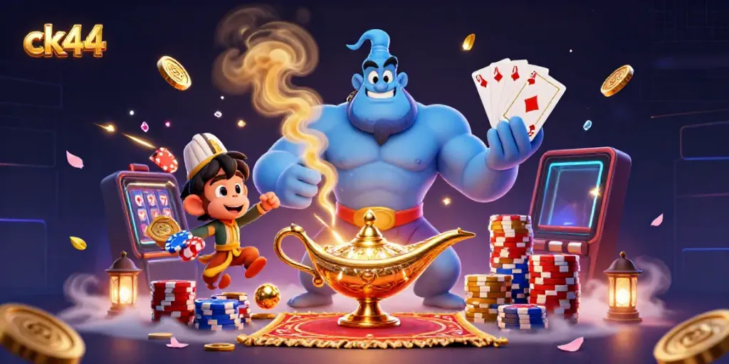 Experience the excitement of ck44 with a vibrant 3D casino scene featuring a blue genie, poker elements, and golden coins.