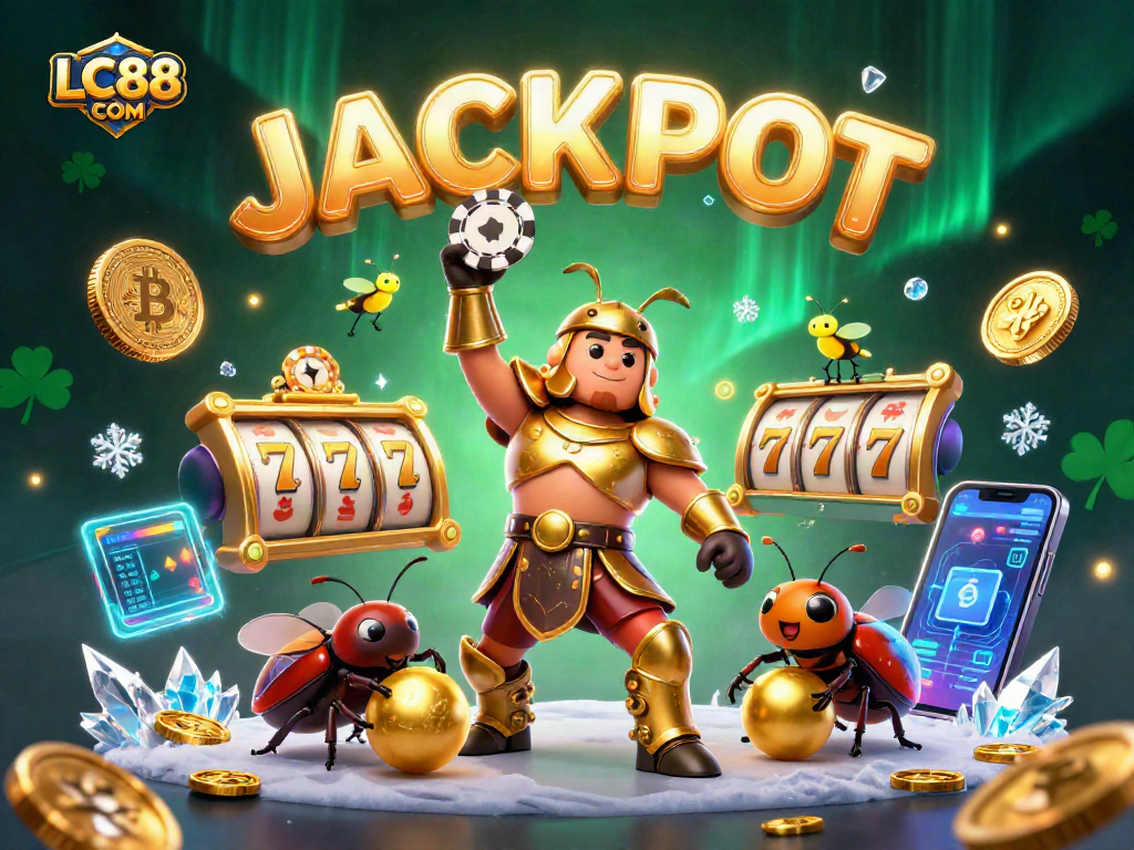 Experience thrilling wins at LC88 COM with a victorious beetle and jackpot symbols in a lively casino scene.