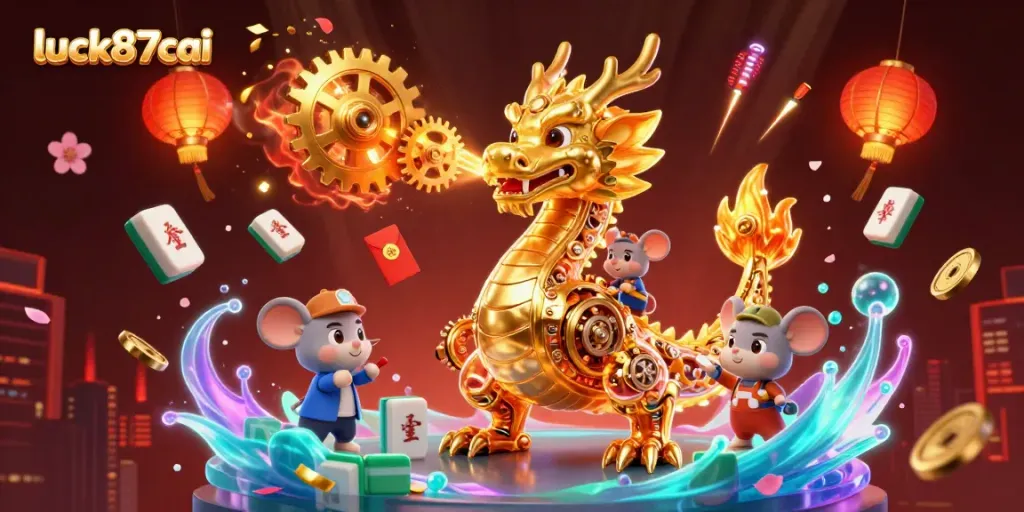 Engage with luck87cai's thrilling casino scene featuring a fierce dragon and vibrant gaming elements.