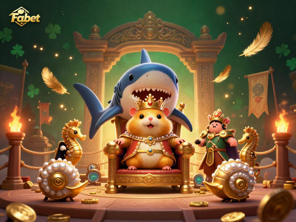 Experience thrilling bets and royal gaming with Fabet's animated casino scene featuring a hamster king and oceanic guardians.