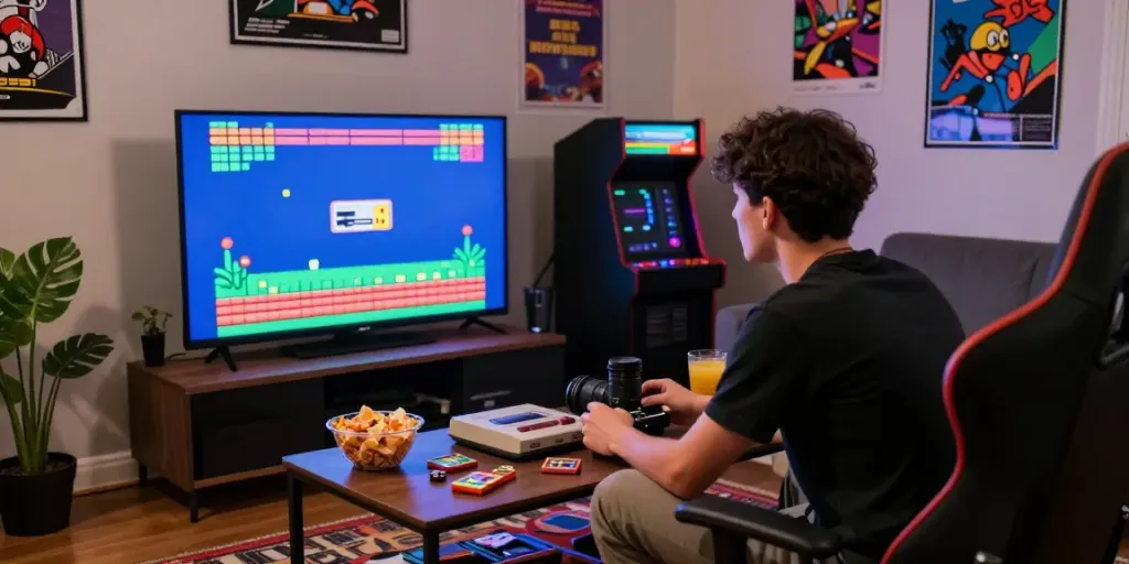 Pecah 404 gaming nostalgia scene with retro consoles and vibrant game graphics.