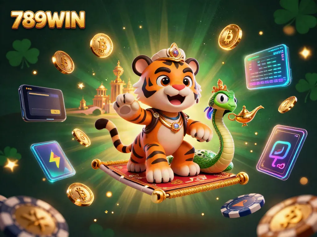 Experience thrilling gameplay with 789WIN, featuring a 3D tiger sultan and casino elements in an enchanting scene.