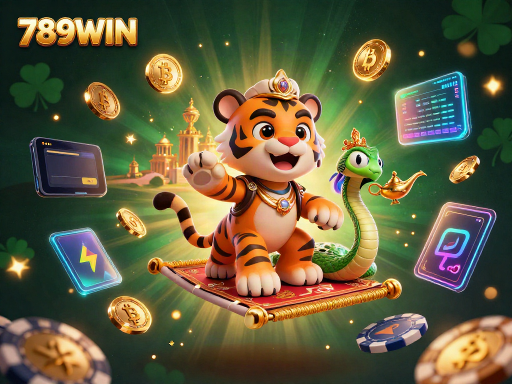 Experience thrilling gameplay with 789WIN, featuring a 3D tiger sultan and casino elements in an enchanting scene.