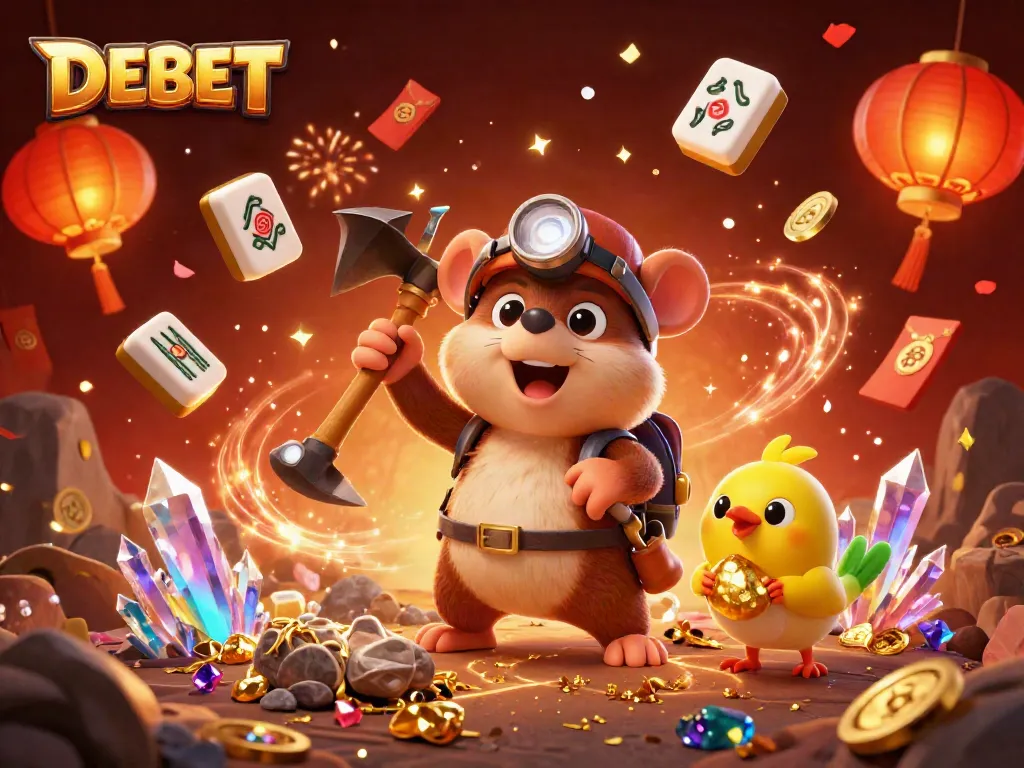 Engage with DEBET's vibrant gaming atmosphere featuring an animated treasure hunter mole and festive elements.