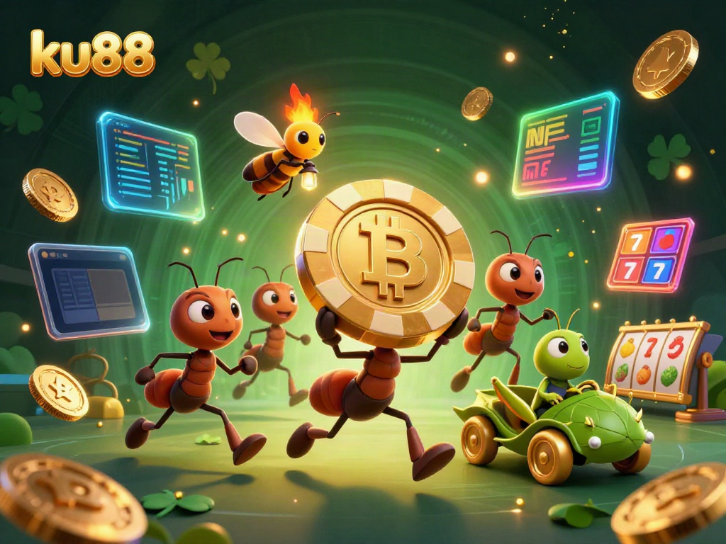 ku88's animated ants pull off a heist with a giant poker chip amidst vibrant casino elements.