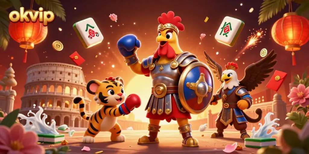 Experience the thrill of okvip gaming with a 3D gladiator rooster amidst vibrant casino elements.