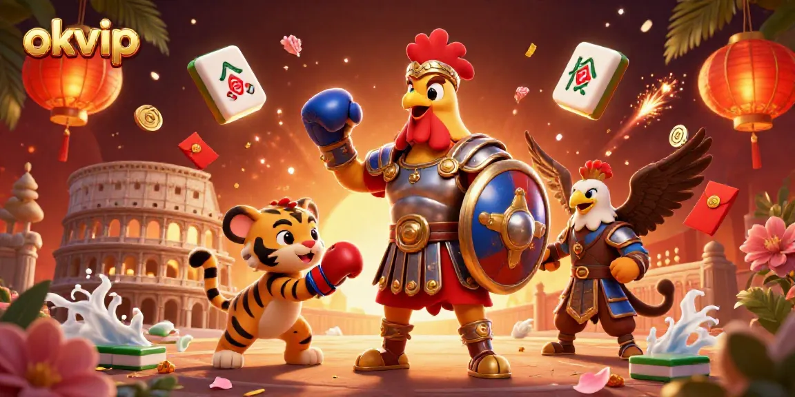 Experience the thrill of okvip gaming with a 3D gladiator rooster amidst vibrant casino elements.