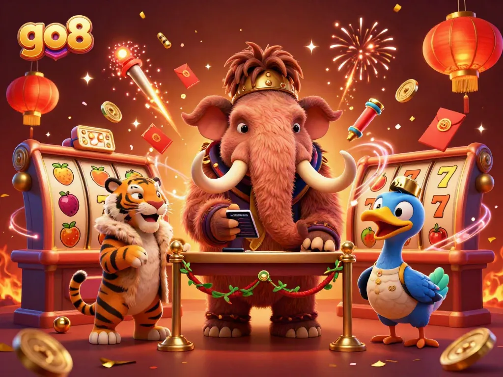 Engage with go8 in a vibrant casino setting featuring a woolly mammoth bouncer, slot machine action, and festive elements.