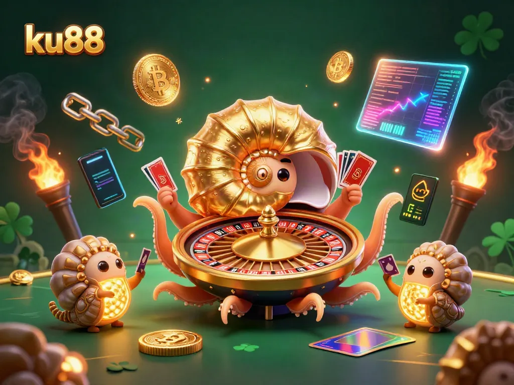 Engage with ku88 casino's dynamic gaming experience featuring vibrant cryptocurrencies and a captivating nautilus.