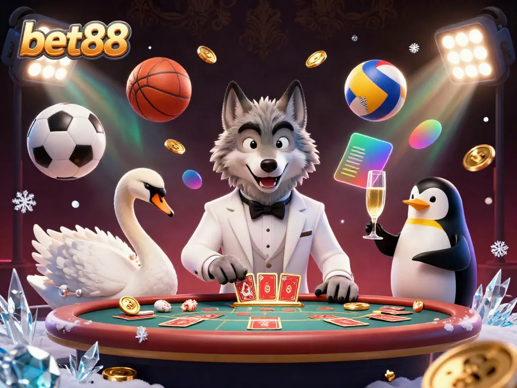 Experience bet88 in a vibrant 3D casino scene featuring a classy wolf, elegant swan, and sophisticated penguin.
