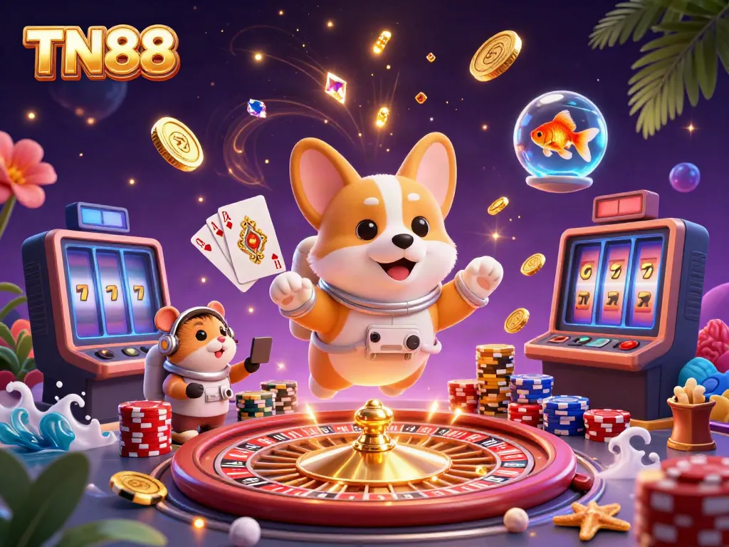 Experience excitement in TN88 with a playful corgi astronaut surrounded by floating casino elements.
