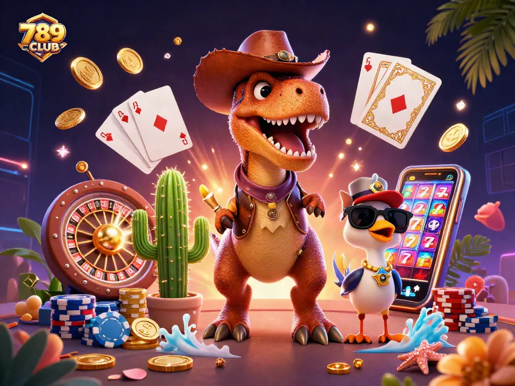 Experience winning at 789CLUB with vibrant casino-themed characters amid sparkling gems and coins.
