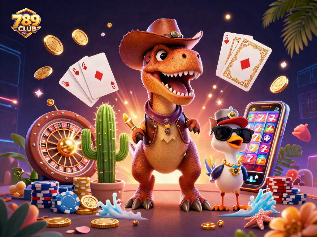 Experience winning at 789CLUB with vibrant casino-themed characters amid sparkling gems and coins.