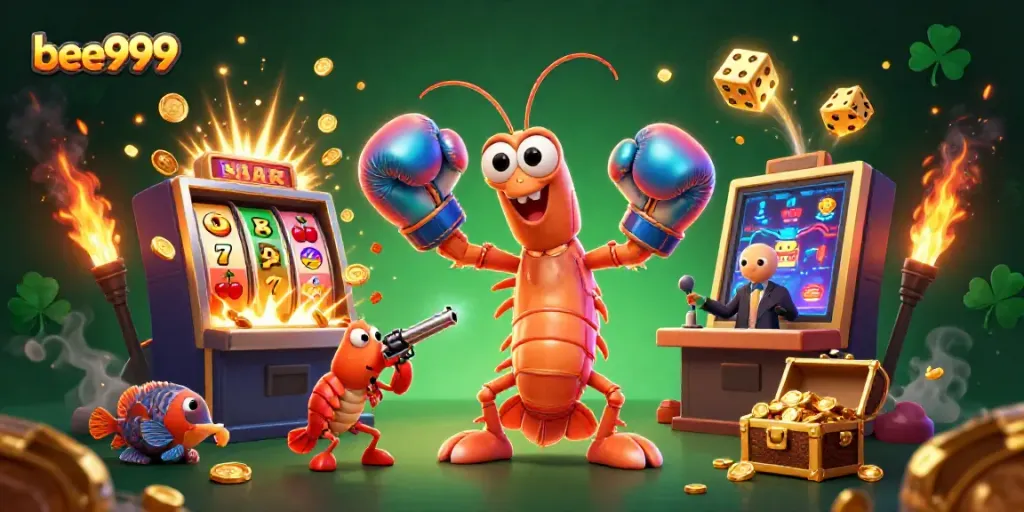 Experience the excitement of bee999 with dynamic gambling elements, including slot machines and vibrant characters.