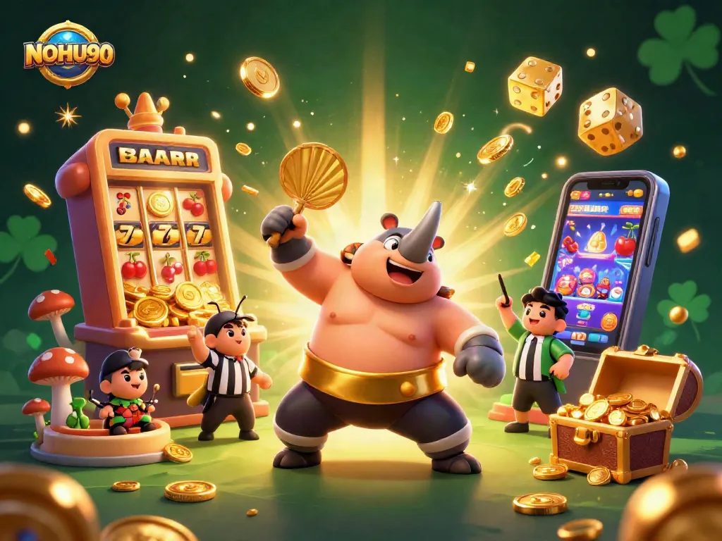 Experience jackpot excitement with NOHU90 featuring a vibrant sumo beetle champion amid a slot machine explosion.
