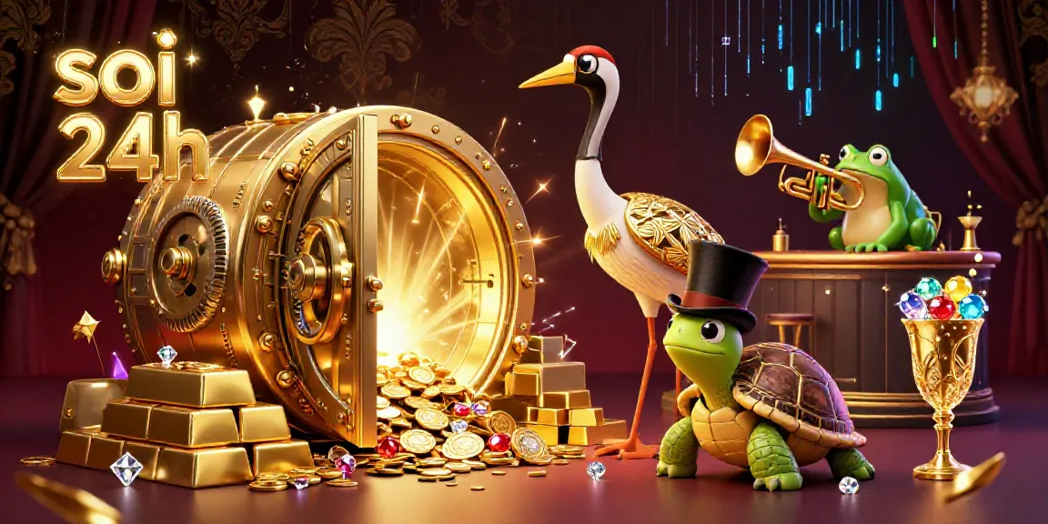 Soi cầu 24h highlights a vibrant 3D illustration of a flapper style crane, turtle, and frog celebrating lottery success in a bank of jewels.