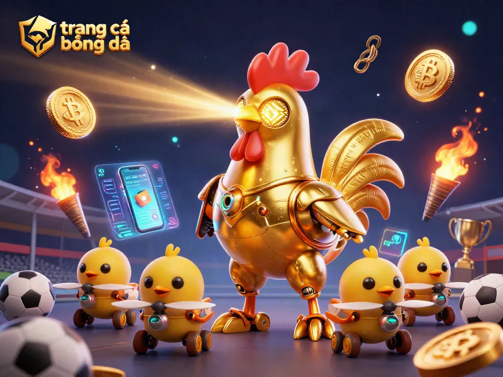 Engage with trang cá cược bóng đá through a vibrant scene showcasing a golden rooster robot and playful chick drones amid sports betting elements.