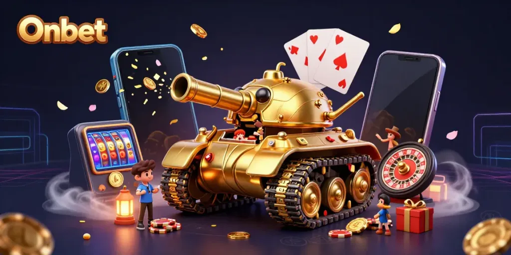 Experience Onbet's vibrant casino world with a golden beetle tank showcasing a miniature gaming experience.