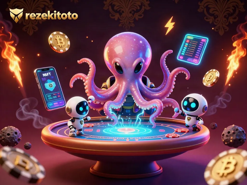 Experience rezekitoto thrilling gameplay with an alien octopus at a holographic poker table.