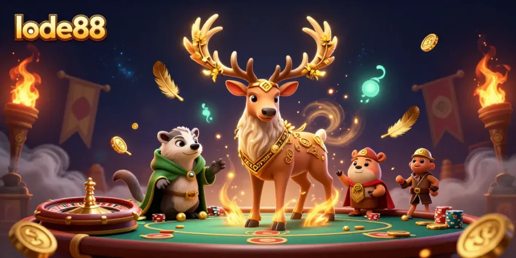 Experience the magic of lode88 with a vibrant casino scene featuring a druid and a badger.