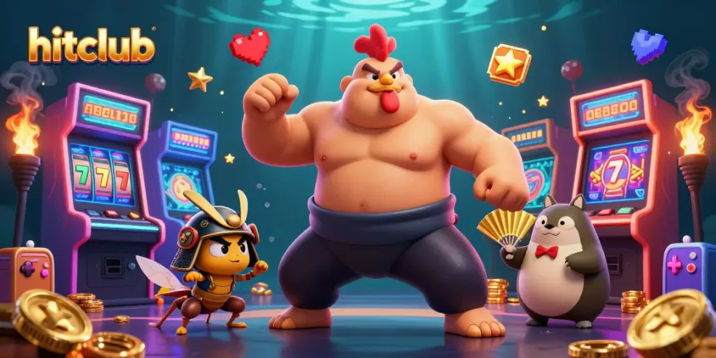 Hitclub's dynamic gambling scene with cartoon characters celebrating slot wins amidst arcade machines.