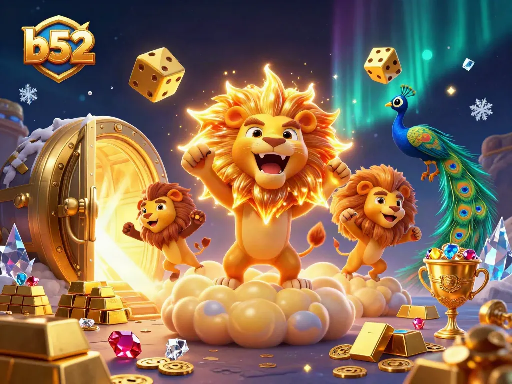 Experience the thrill of b52 with roaring lion and dynamic gambling elements in an exciting casino scene.