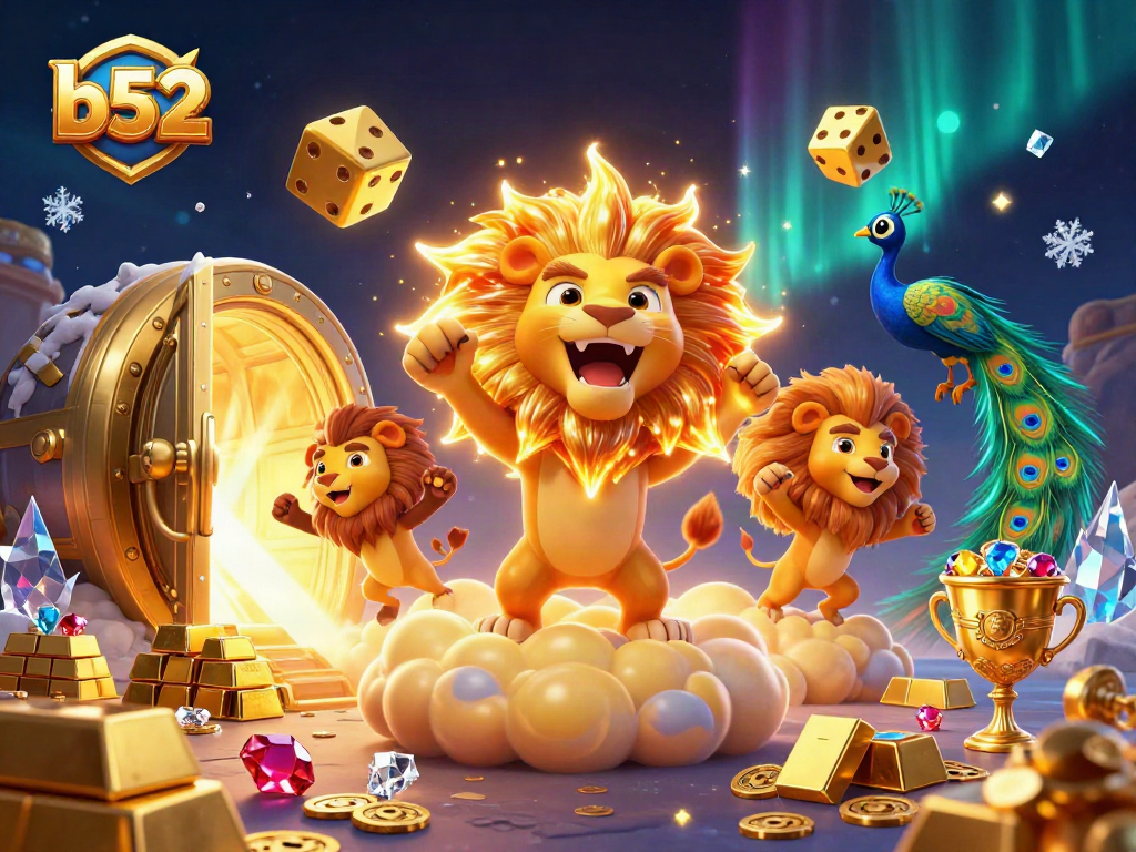 Experience the thrill of b52 with roaring lion and dynamic gambling elements in an exciting casino scene.