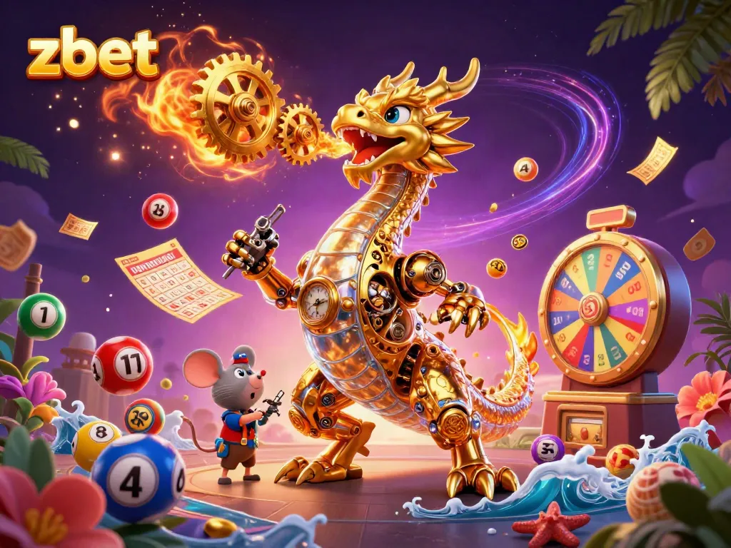 Engage in thrilling gameplay with zbet, featuring a dynamic scene of a golden dragon and vibrant lottery elements.