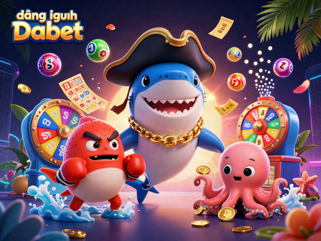 Engage with đăng nhập Dabet as a pirate shark and friends celebrate with vibrant lottery elements.
