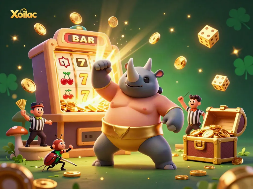 Xoilac brings excitement with cartoon beetle champions battling for gold coins in a vibrant casino scene.
