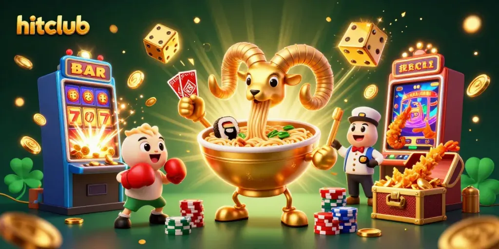 Hitclub offers thrilling gameplay with a vibrant 3D illustration featuring dynamic casino elements and characters.
