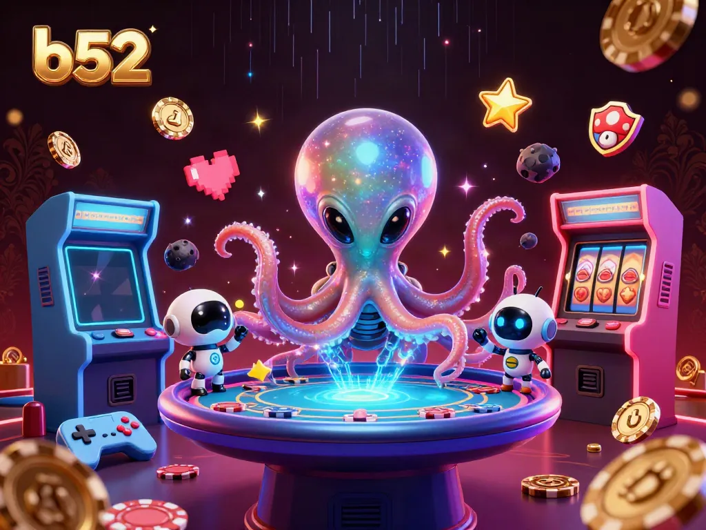 Play poker with the b52 octopus in a vibrant casino space filled with game energy.