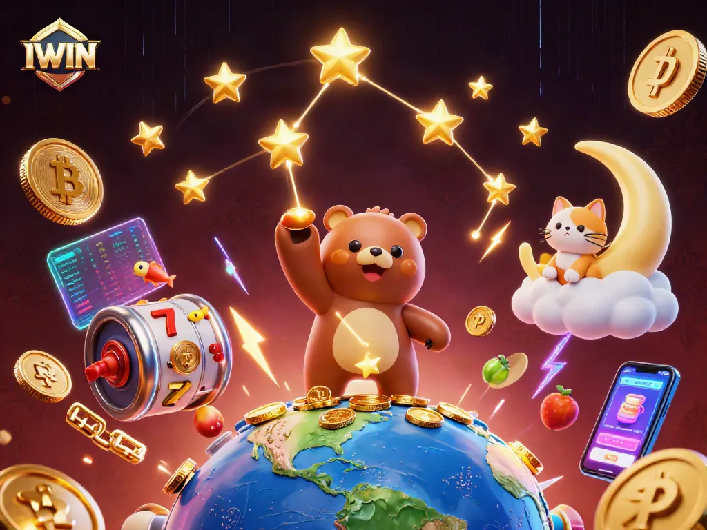 Engage with IWIN slots and jackpots illustrated with a cosmic bear and vibrant coins.