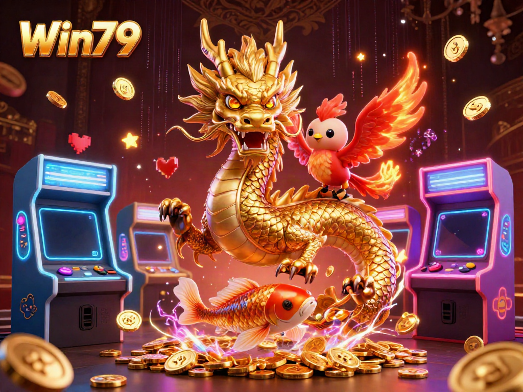 Experience the thrill of Win79 with a dragon, phoenix, and koi amidst vibrant casino elements.