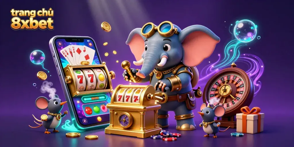 Engage with the vibrant world of trang chủ 8xbet featuring a steampunk elephant at a golden slot machine.