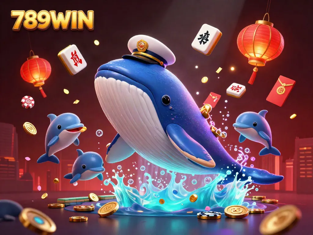 Engage in exciting gaming at 789WIN with whales breaching amidst poker chips and coins.